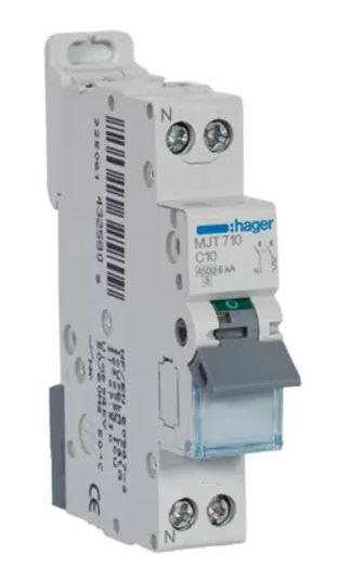 Disjoncteur miniature MJT, 10A Hager 2 pôles Type C 400V c.a. 253 V c.c., pouvoir de coupure 6 kA
