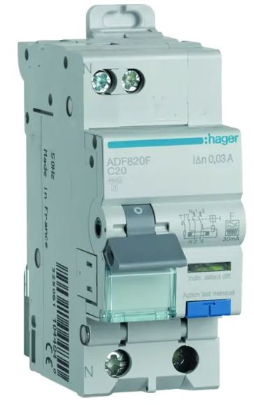 Interrupteur Différentiel Hager, 1 pôles, Type C, 20A F, 30 mA ADF IEC 60664, IEC 60898-1, IEC 60947-2