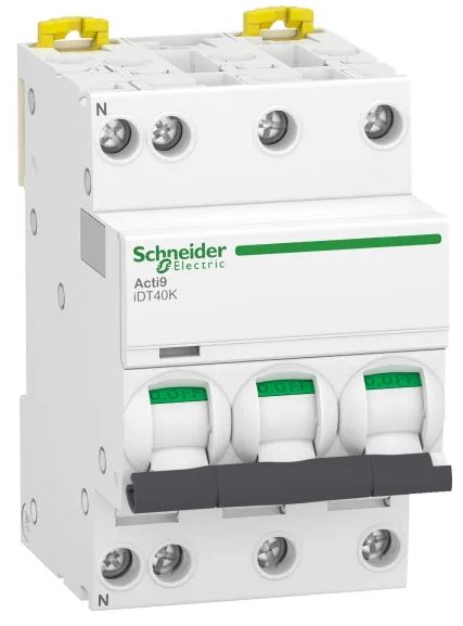 Disjoncteur miniature Acti9 Acti9 iDT40K, 40A Schneider Electric 3+N pôles Type C 400V c.a., pouvoir de coupure 4500 A