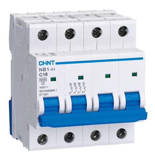 Disjoncteur miniature NB1 NB1, 63A CHINT 4 pôles Type C 415V c.a., pouvoir de coupure 10000 A
