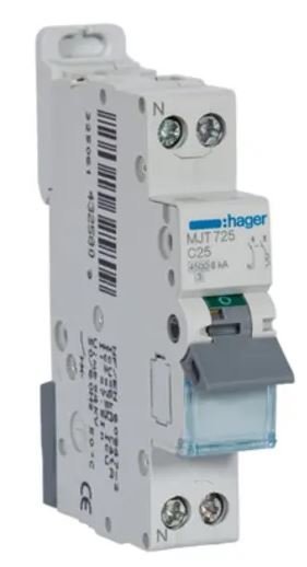 Disjoncteur miniature MJT, 25A Hager 2 pôles Type C 400V c.a. 253 V c.c., pouvoir de coupure 6 kA